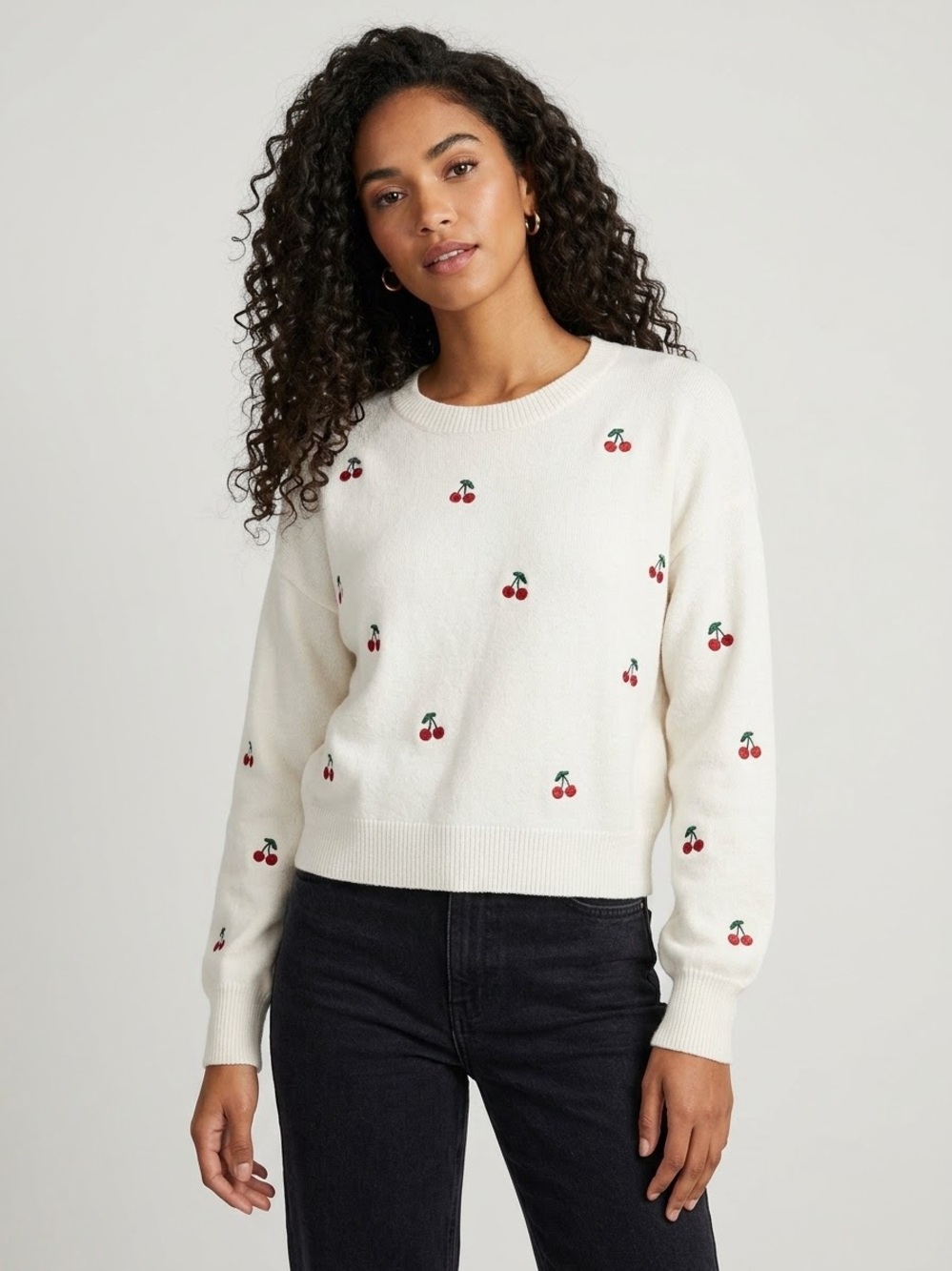 Jessica Simpson Cream Crewneck Sweater with Red Cherry Embroidery